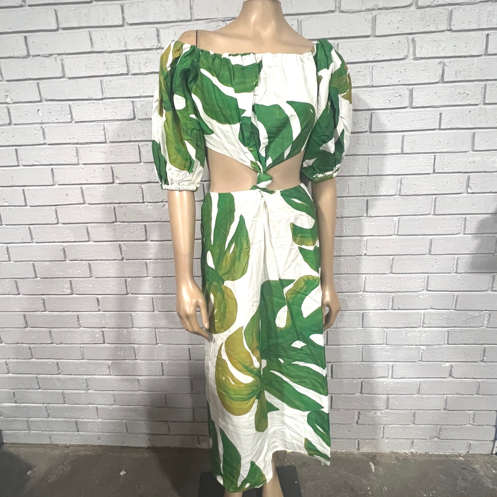 Farm Rio Linen Blend Monstera Midi Knot Dress Tropical | Size M | New